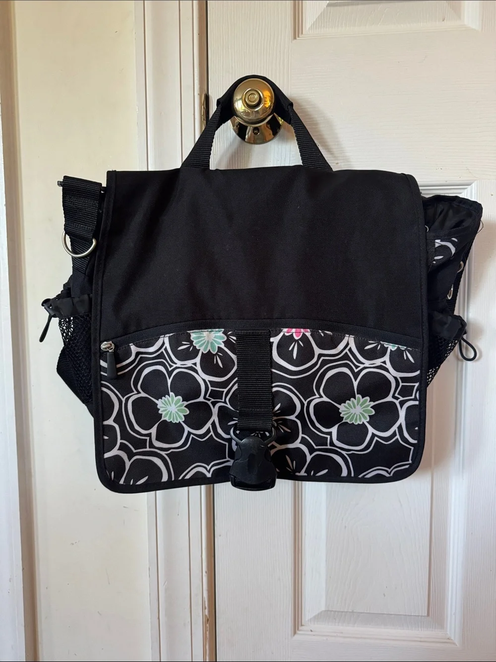 Womens' Girls' Black Floral Pattern Crossbody Messenger Bag School College Work